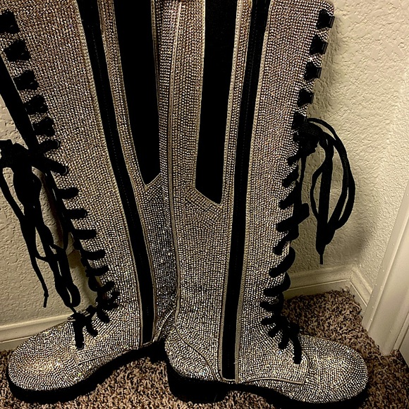 Rhinestones Dolls Kill Club Exx Bling Combat Boots - Picture 5 of 5